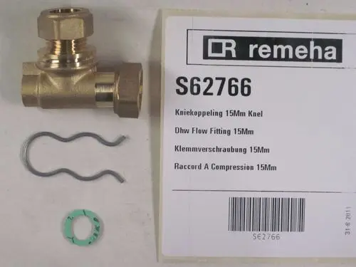 Brass fitting from Remeha, including a compression connector, a retaining clip, and a rubber seal. Displayed on a labeled background with product information.